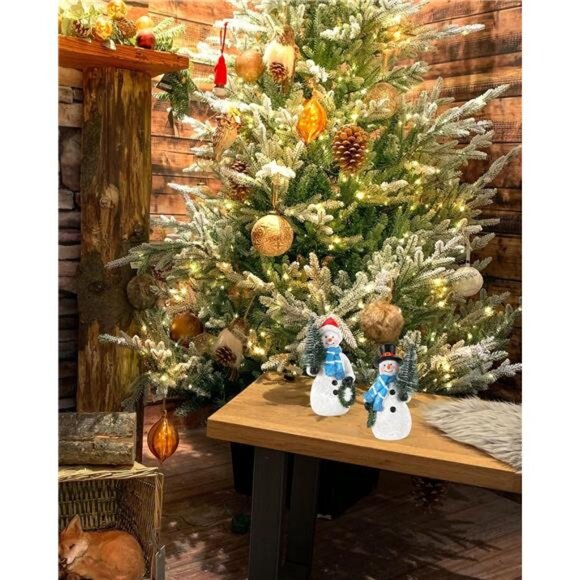 Resin Snowmen Figurines with Lighted Christmas Tree and Wreath 5'' - Set of 2 - Picture 4 of 7